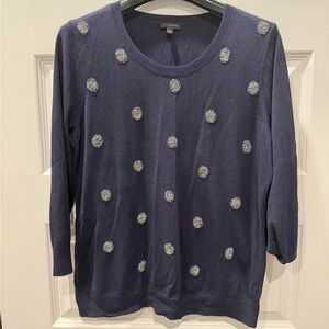 Talbots Tinsel Dot Sweater Navy with Silver Beaded Polka Dots size L
